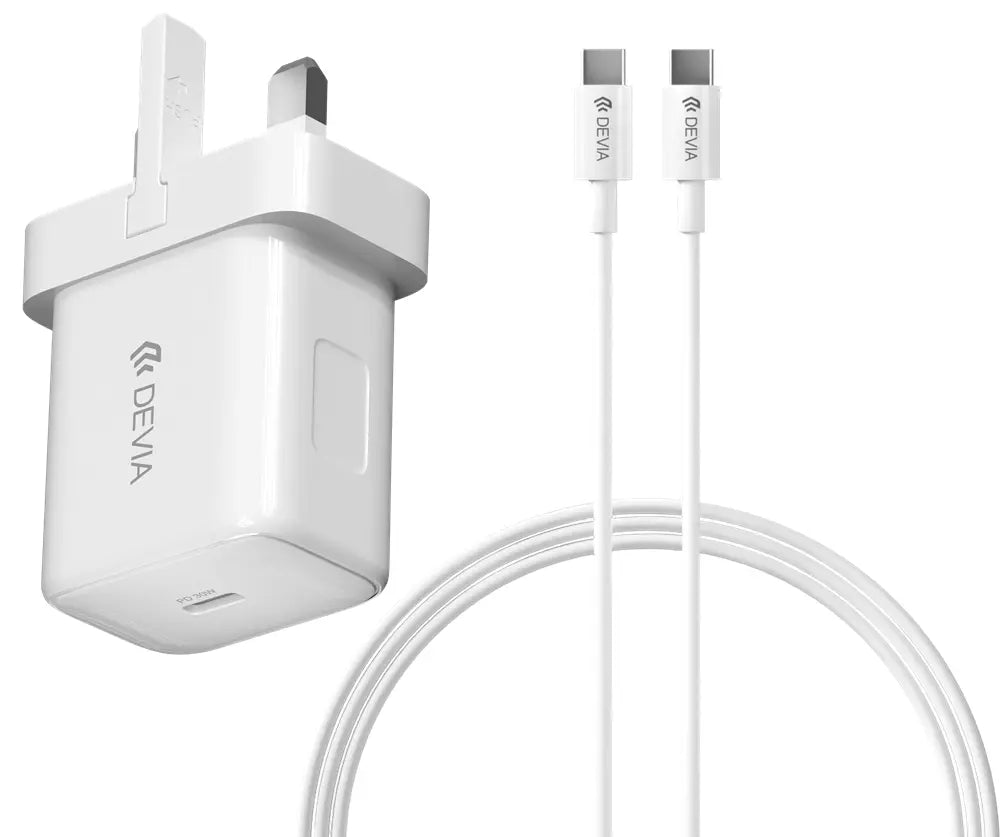 Devia - 30W Type C 3-Pin UK Charging Plug & 1.2m Type C to Type C Cable - White