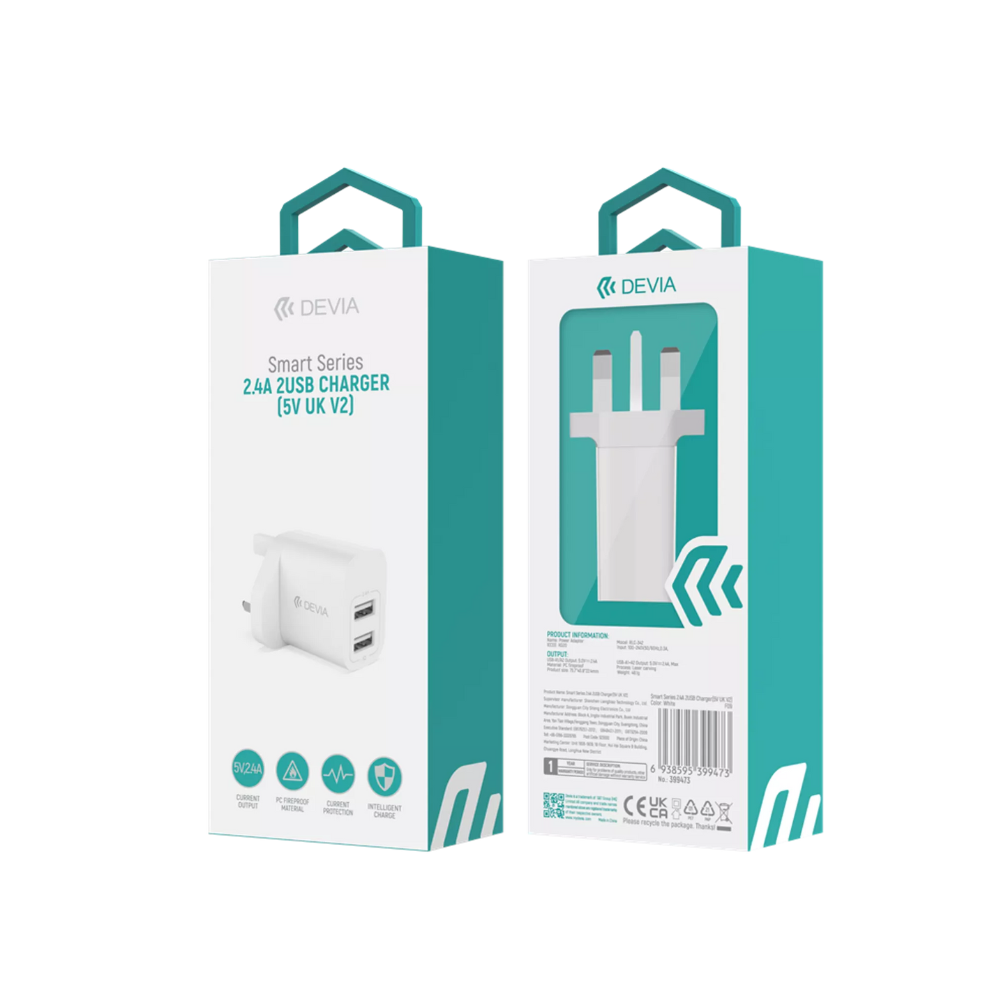 Devia - 2.4A Dual USB 3-Pin UK Charging Plug - White