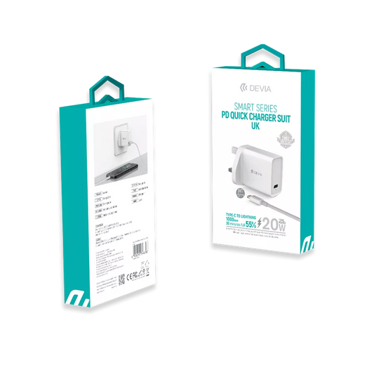 Devia - 20W USB-C Power Delivery 3-Pin UK Charging Plug & 1m PD USB-C to Lightning Cable - White