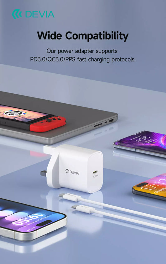 Devia - 30W GaN USB-C 3-Pin UK Charging Plug & 1.2m USB-C to USB-C Cable - White