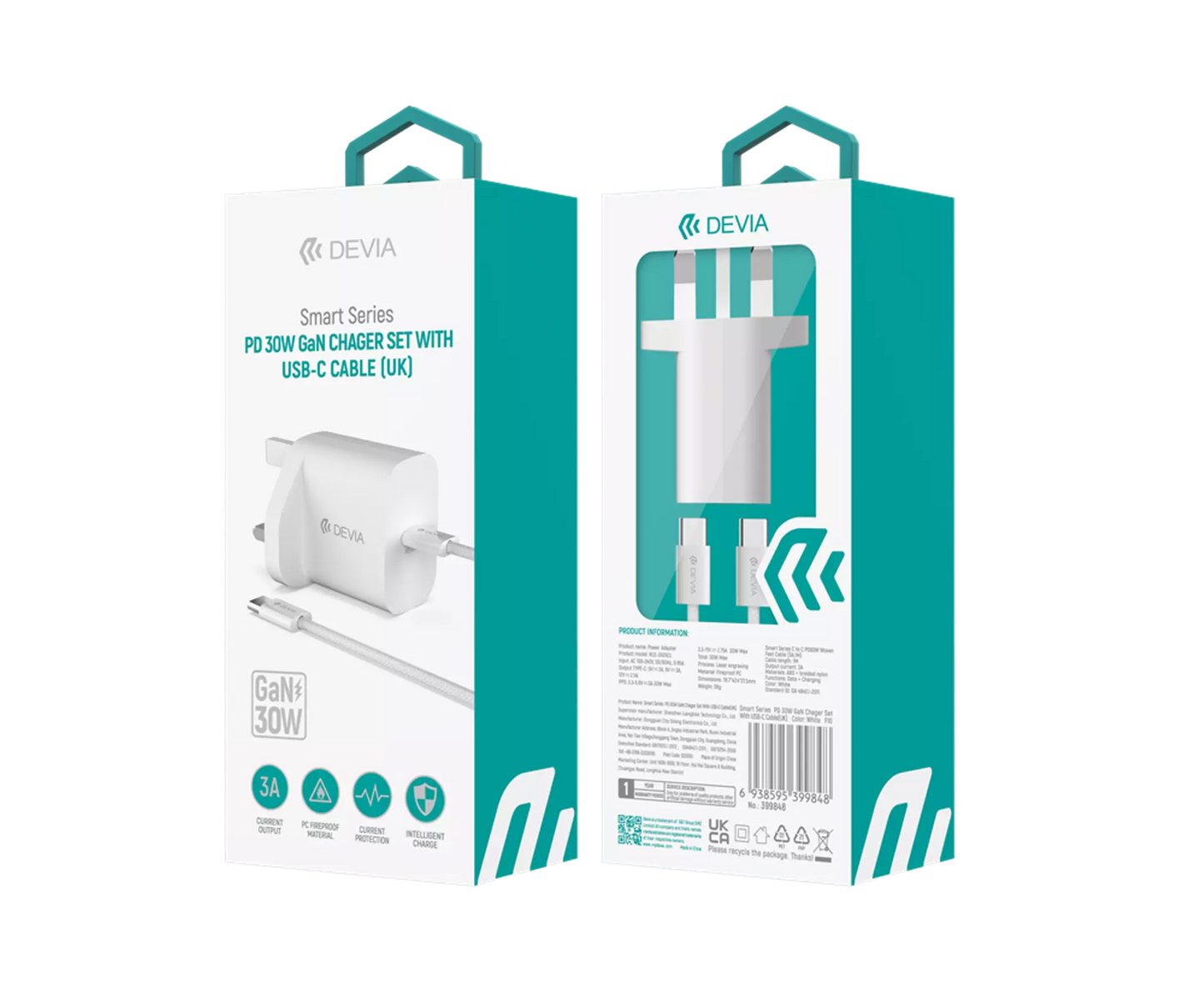 Devia - 30W GaN USB-C 3-Pin UK Charging Plug & 1.2m USB-C to USB-C Cable - White