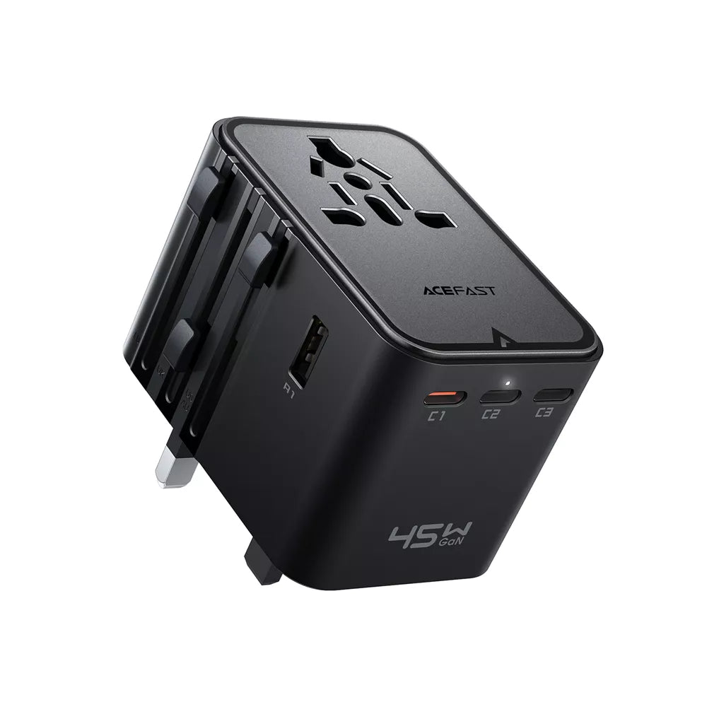 Acefast - 45W GaN Global Multiple Function Travel Adapter & 3x USB-C Ports & 2x USB-A Ports - Black