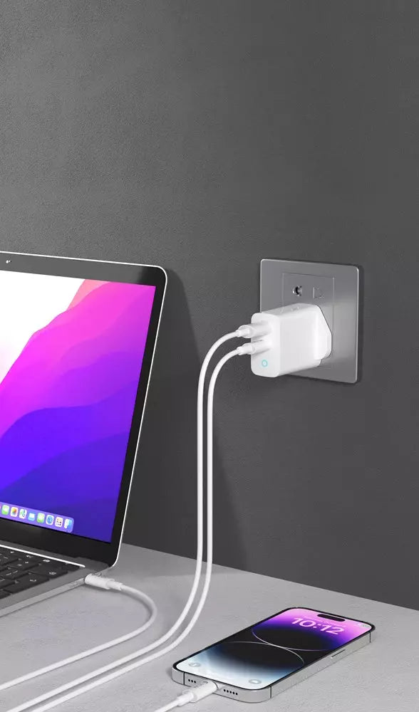 Devia - 65W GaN Type C PD & QC4.0 3-Pin UK Mini Charging Plug & 1.5m 100W Type C to Type C Cable - White
