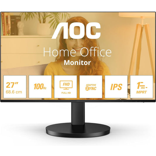 AOC 27B3HA2 27 Inch IPS Monitor, Widescreen, Full HD, VGA, HDMI, 1ms, 100Hz, Internal PSU, Speakers, VESA, Black