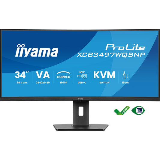 iiyama ProLite Curved Monitor XCB3497WQSNP-B1 34" VA Ultra-Wide Screen with KVM Switch, LAN, USB-C Dock, 0.4ms, 120Hz, HDMI, DisplayPort, Speakers, Height Adjustment