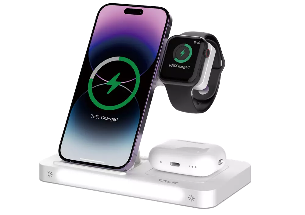 Devia - 15W Foldable Travel Triple Wireless Magnetic Charging Pad for Apple iPhone, Airpods & Watch & Night Lamp - White