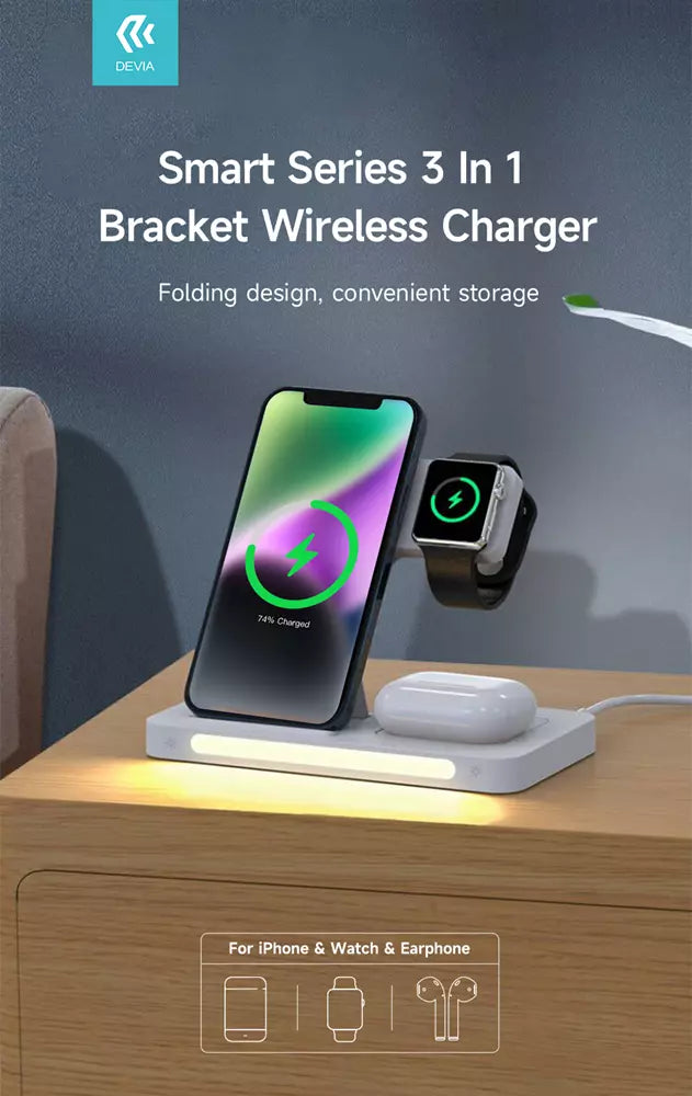 Devia - 15W Foldable Travel Triple Wireless Magnetic Charging Pad for Apple iPhone, Airpods & Watch & Night Lamp - White