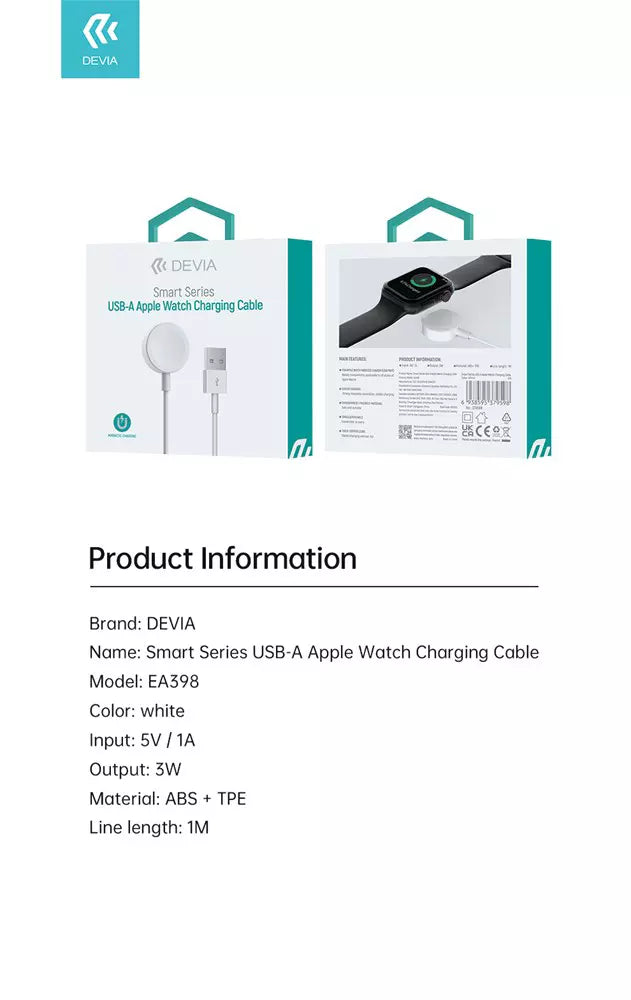 Devia - 1m (2.1A) USB to Magnetic Cable for Apple Watch - White