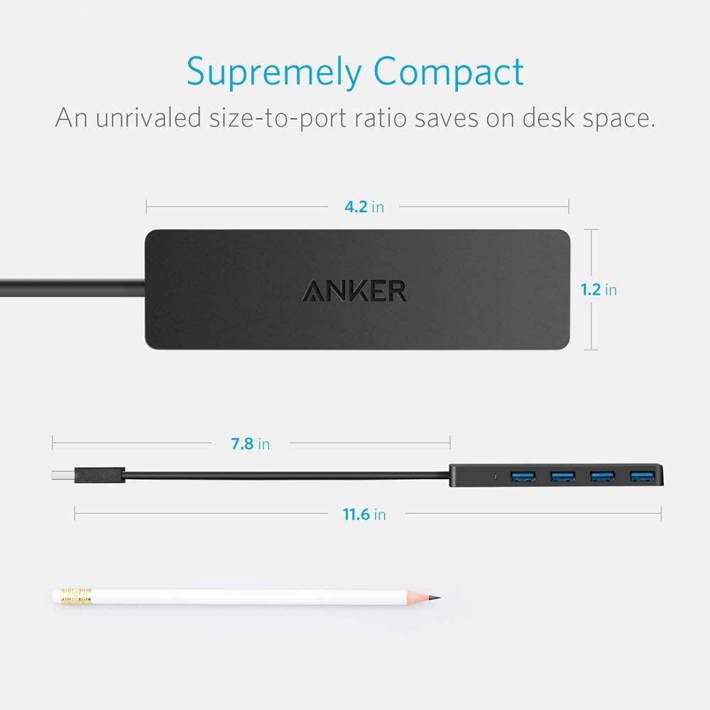 Anker 4-Port USB 3.0 Ultra Slim Data Hub for Macbook, Mac Pro/mini, iMac, Surface Pro, XPS, Notebook PC, USB Flash Drives, Mobile HDD, and More