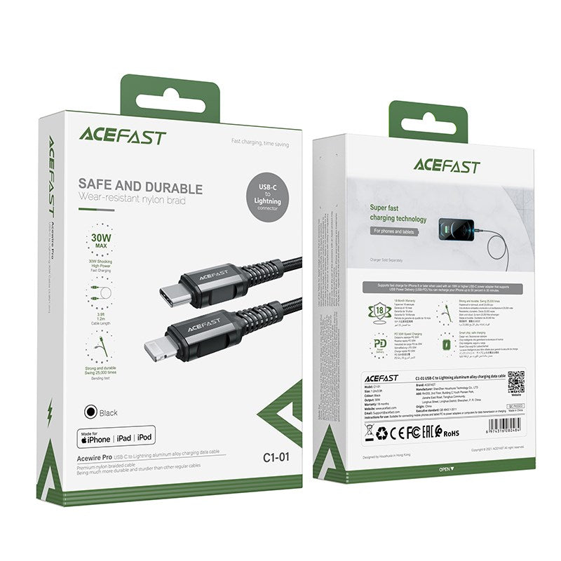 Acefast - 1.2m 30W Power Delivery - Type C to MFI Lightning Braided Cable - Space Grey