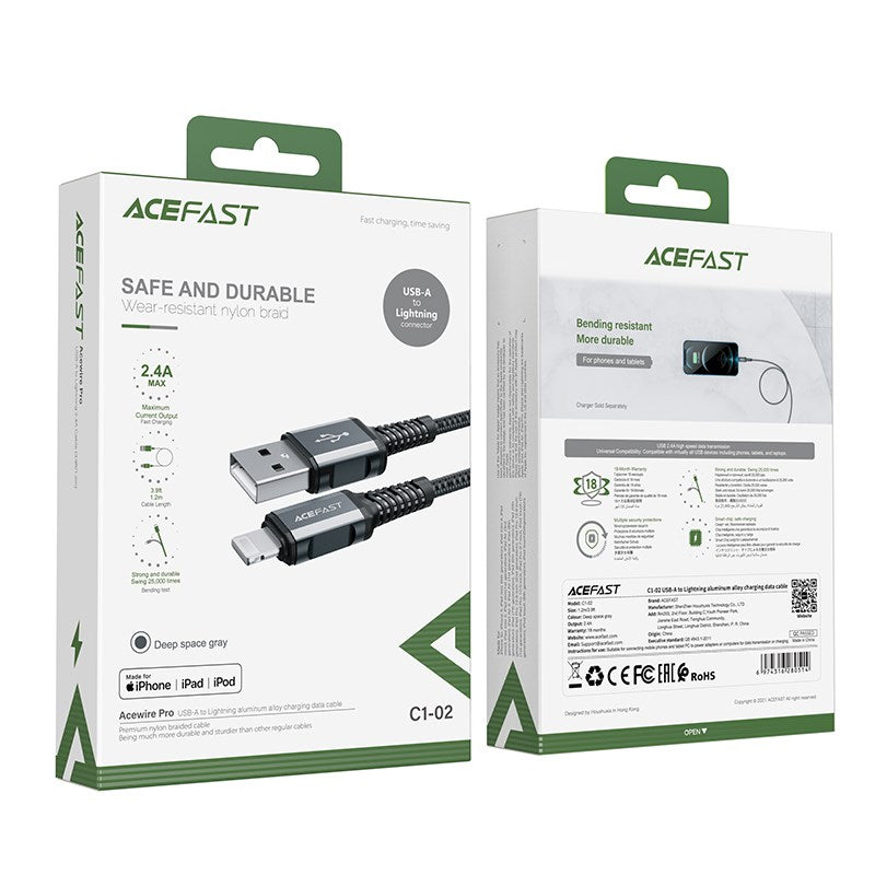 Acefast - 1.2m (2.4A) USB to MFI Lightning Braided Cable - Space Grey