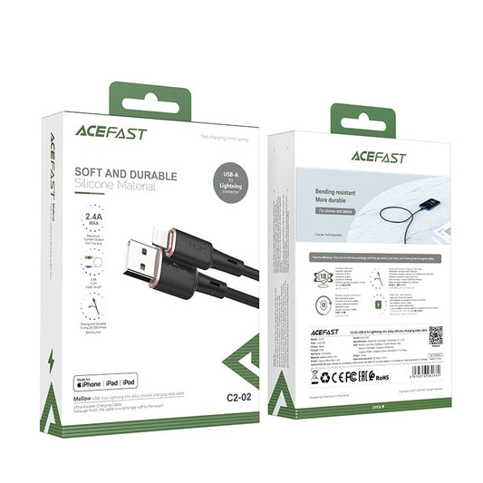 Acefast - 1.2m (2.4A) USB to MFI Lightning Silicone Cable - Black
