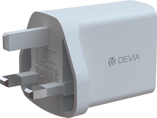 Devia - 20W Dual Type C Power Delivery & Qualcomm 3-Pin UK Charging Plug - White
