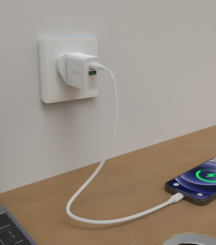 Devia - 20W Dual Type C Power Delivery & Qualcomm 3-Pin UK Charging Plug - White
