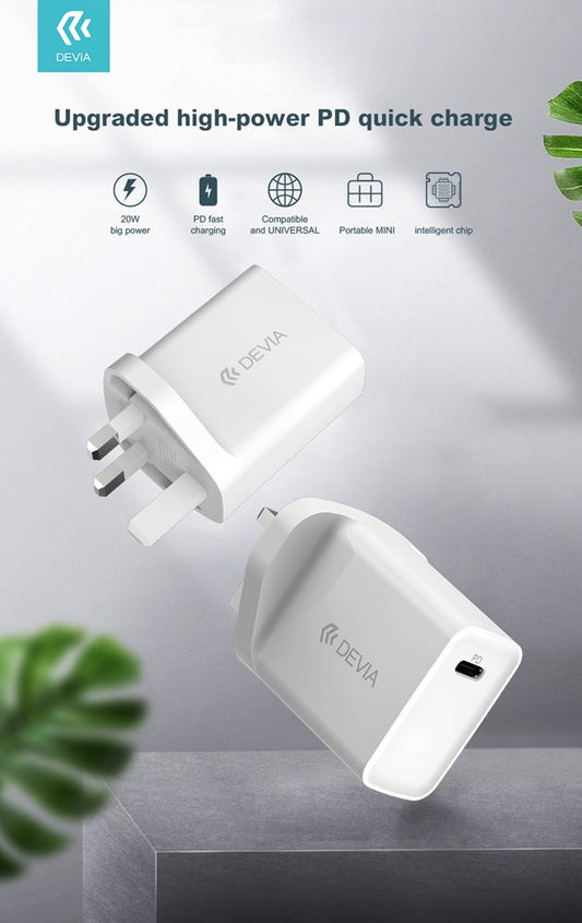 20W Type C Power Delivery Quick Charge 3-Pin UK Charging Plug with NON-MFI lightning cable 1m - White - Devia