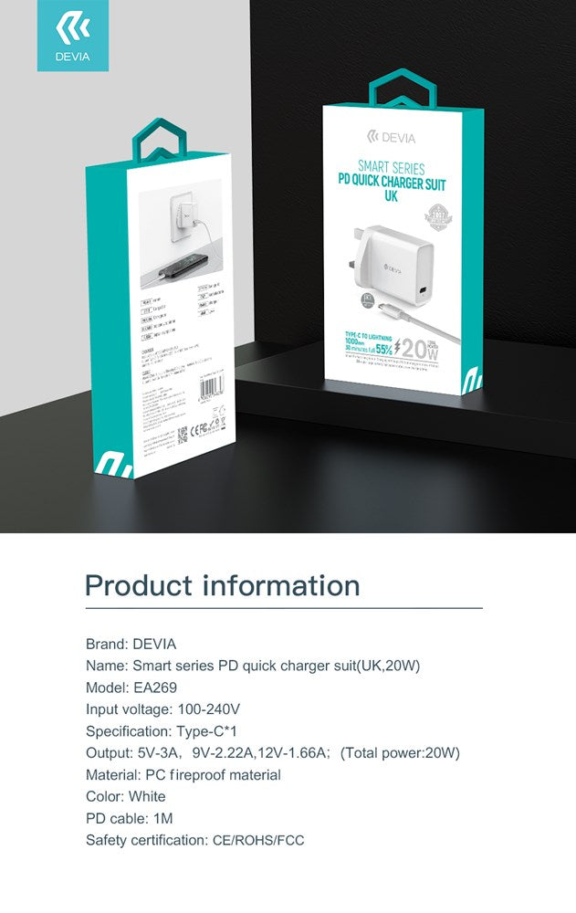20W Type C Power Delivery Quick Charge 3-Pin UK Charging Plug with NON-MFI lightning cable 1m - White - Devia
