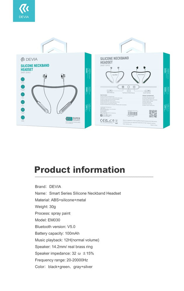 Devia bluetooth silicone neckband headset - Grey