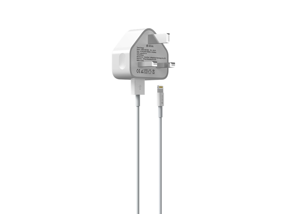 2.1A USB Plug & 1m MFI Lightning Cables - White - Devia
