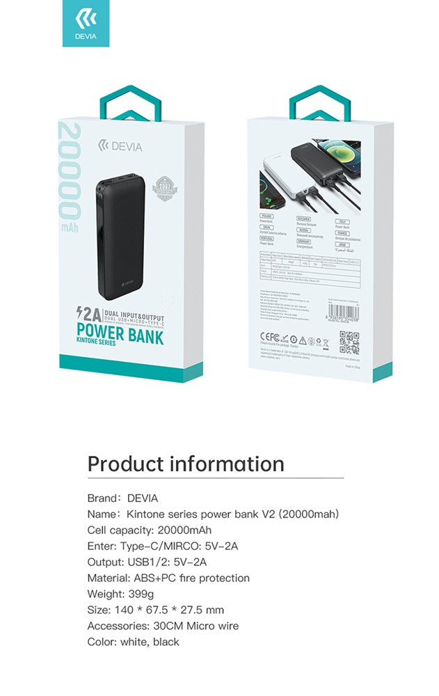 20,000mAh Dual Port LED Indicator Powerbank - Black - Devia