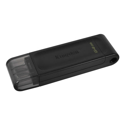 Kingston DT70/64GB DataTraveler 64GB USB Flash Drive, USB 3.2, USB-C, Gen1, 80MB/s, Cap Design, Black, Retail.
