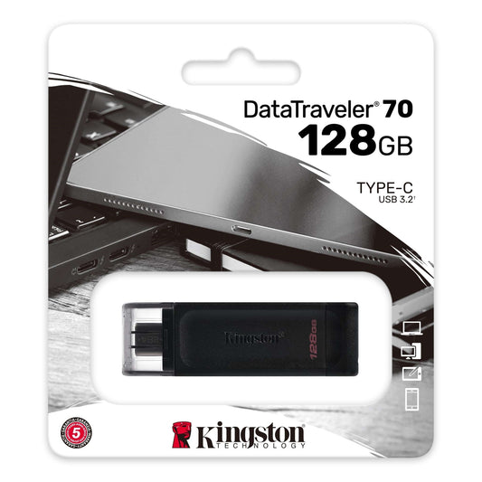 Kingston DT70/128GB DataTraveler 128GB USB Flash Drive, USB 3.2,USB-C, Gen1, 80MB/s, Cap Design, Black, Retail.