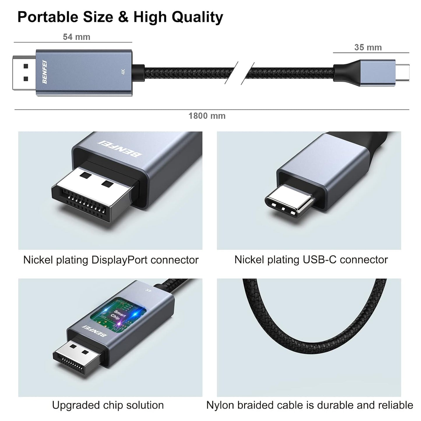 USB C to DisplayPort Cable, BENFEI 4K@60Hz UHD 1.8M Cable Thunderbolt 3 to DP Display Port Adapter Male to Male Cord [Gold-Plated Connector & Aluminum Shell & Nylon Braided]
