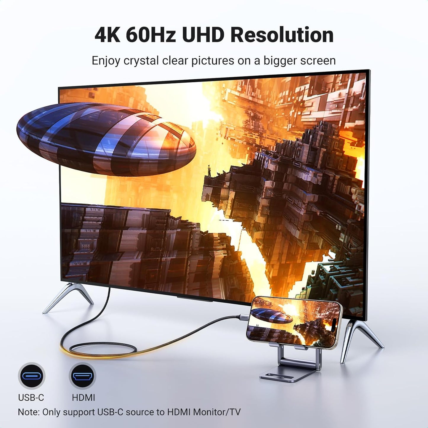 UGREEN USB C to HDMI Cable 6.6FT 4K@60Hz 1440P@120Hz 1080P@240Hz Type C Thunderbolt 5 4 3 HDMI 2.0 HDR Adapter Compatible with iPhone 17 16,MacBook Pro Air Neo,Mac Mini,iMac,iPad,Galaxy S25 Ultra(2M)