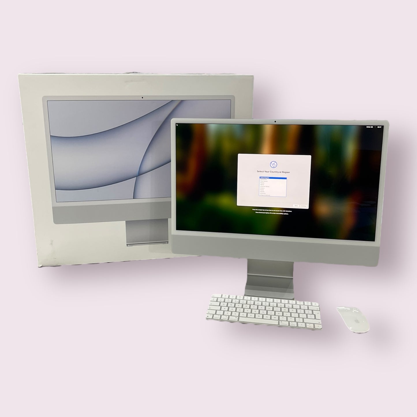 Apple iMac 24" 2021 M1 8 Core CPU, 7 Core GPU, 8GB RAM, 256GB SSD - Silver - Boxed With Mouse and Keyboard - Grade A