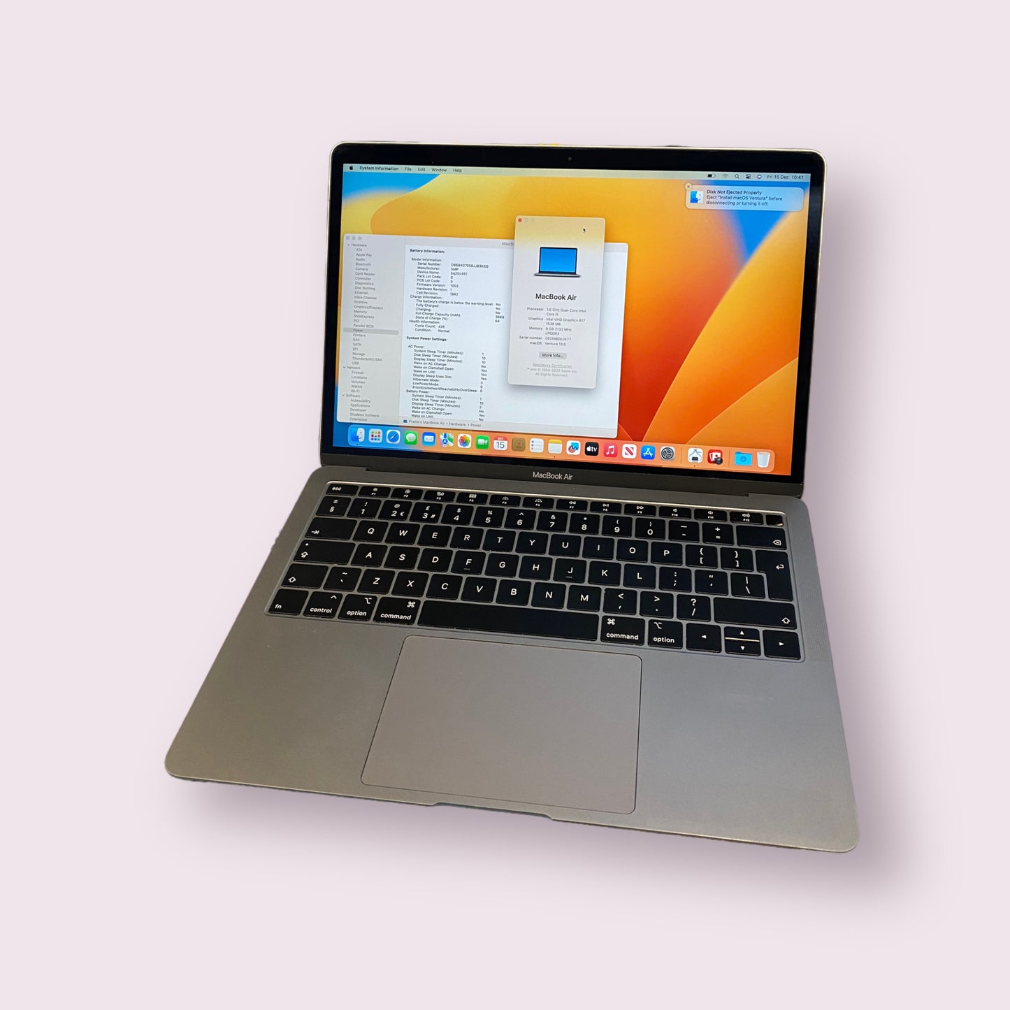 Apple Macbook air 13" A1932 Late 2018 - 8gb RAM, i5, 128gb SSD, Mac OS Ventura - Space Grey