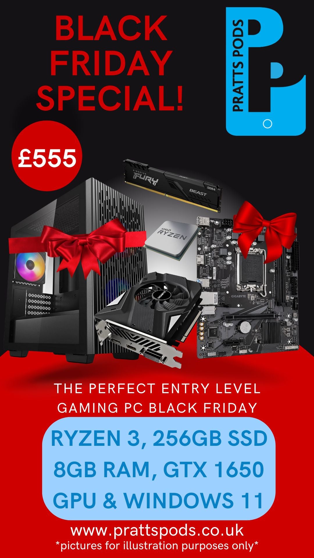 LOW END Brand New Custom Built Gaming PC, Ryzen 3 @ 3.8GHz, 8GB RAM, 256GB SSD, GTX1650, Windows 11 Home