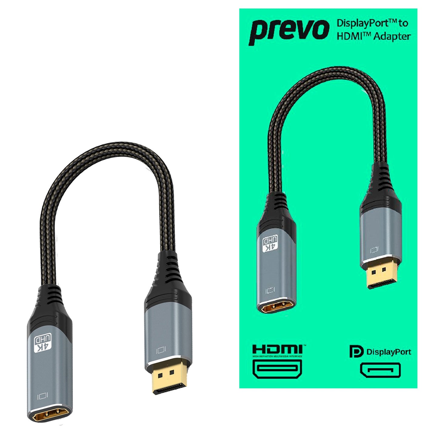 Prevo DPM-HDMIF-ADA Display Converter Adapter, DisplayPort (M) to HDMI (F), 0.2m, Black & Silver, DisplayPort 1.4 & HDMI 2.0, Supports up to 4K@60Hz, Braided Cable