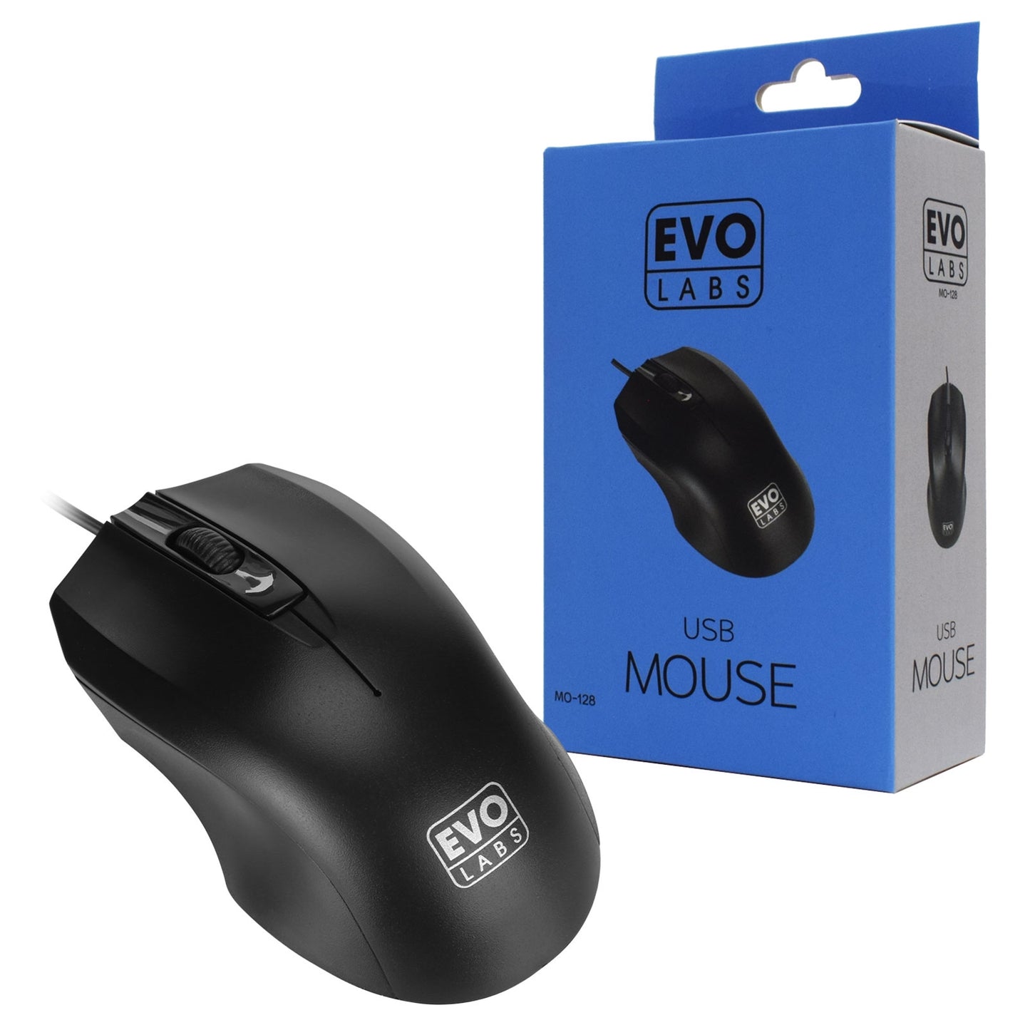 Evo Labs MO-128 Wired USB Plug and Play Mouse, 800 DPI Optical Tracking, 3 Button with Scroll Wheel,Ambidextrous Design, Matte Black