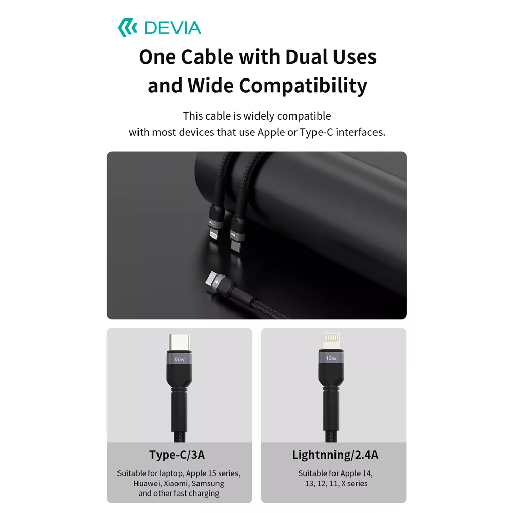 Devia - 1.2m (60W & 12W) Metal Woven Power Delivery - USB-C to USB-C & Non-MFI Lightning Cable - Black