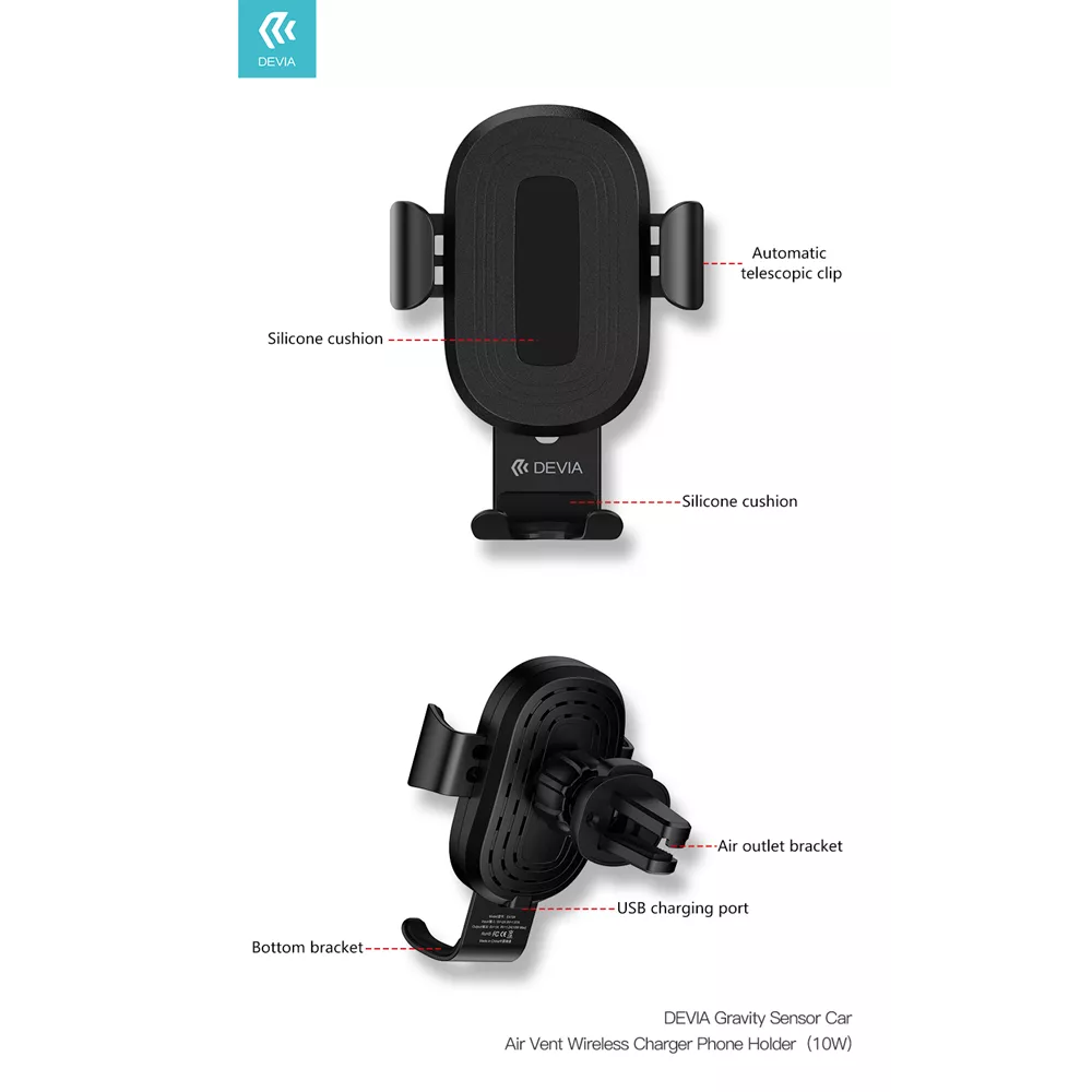 Devia - 10W Wireless Charging Gravity Sensor Air Vent Car Holder - Black