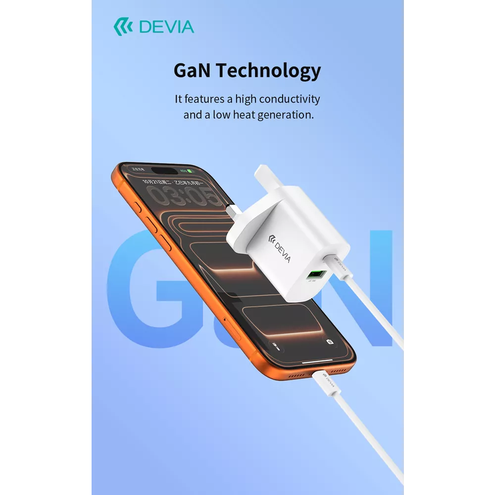Devia - 30W GaN Dual USB-C Power Delivery & USB Qualcomm 3-Pin UK Charging Plug - White
