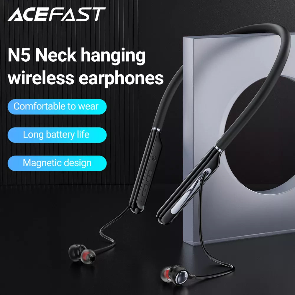 Acefast - Bluetooth Magnetic HD Earphones Silicone Neckband - Black
