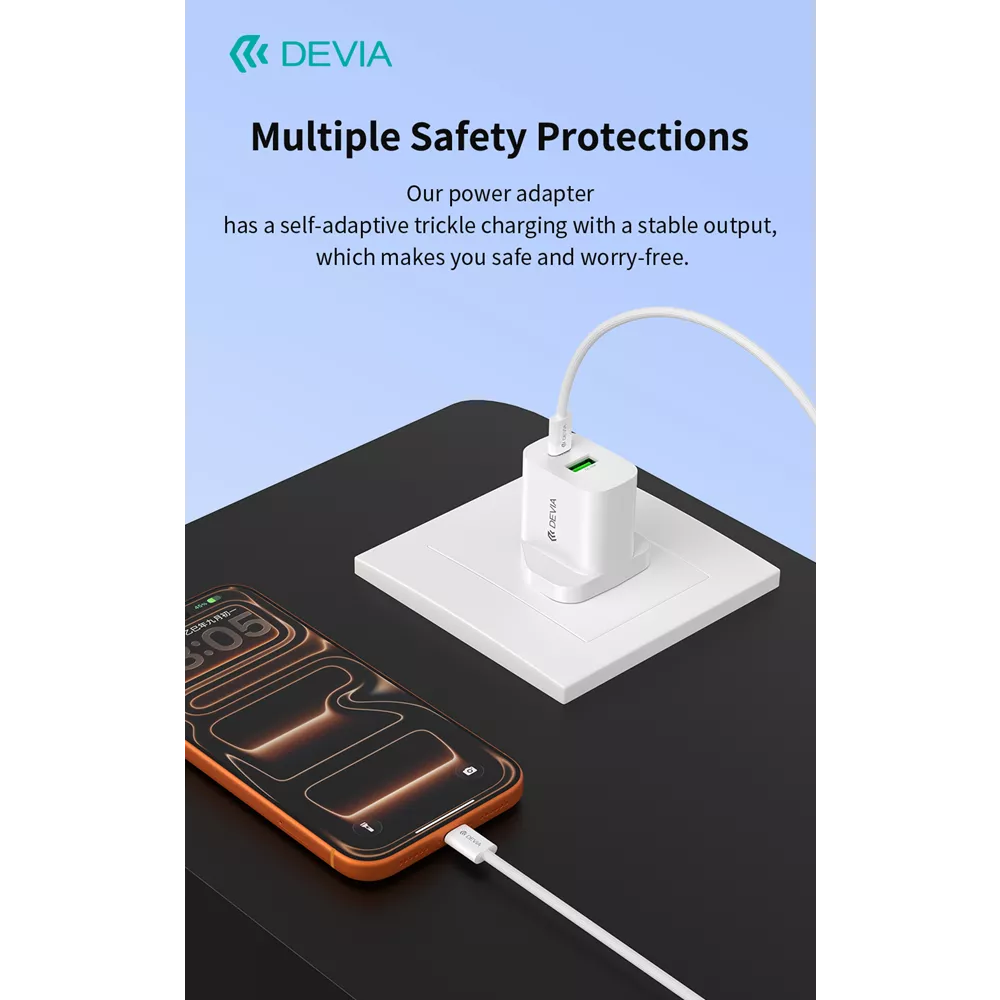 Devia - 30W GaN Dual USB-C Power Delivery & USB Qualcomm 3-Pin UK Charging Plug - White