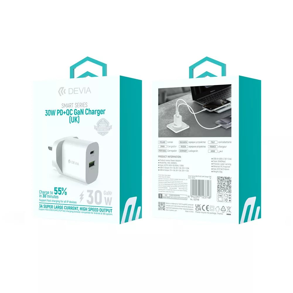 Devia - 30W GaN Dual USB-C Power Delivery & USB Qualcomm 3-Pin UK Charging Plug - White