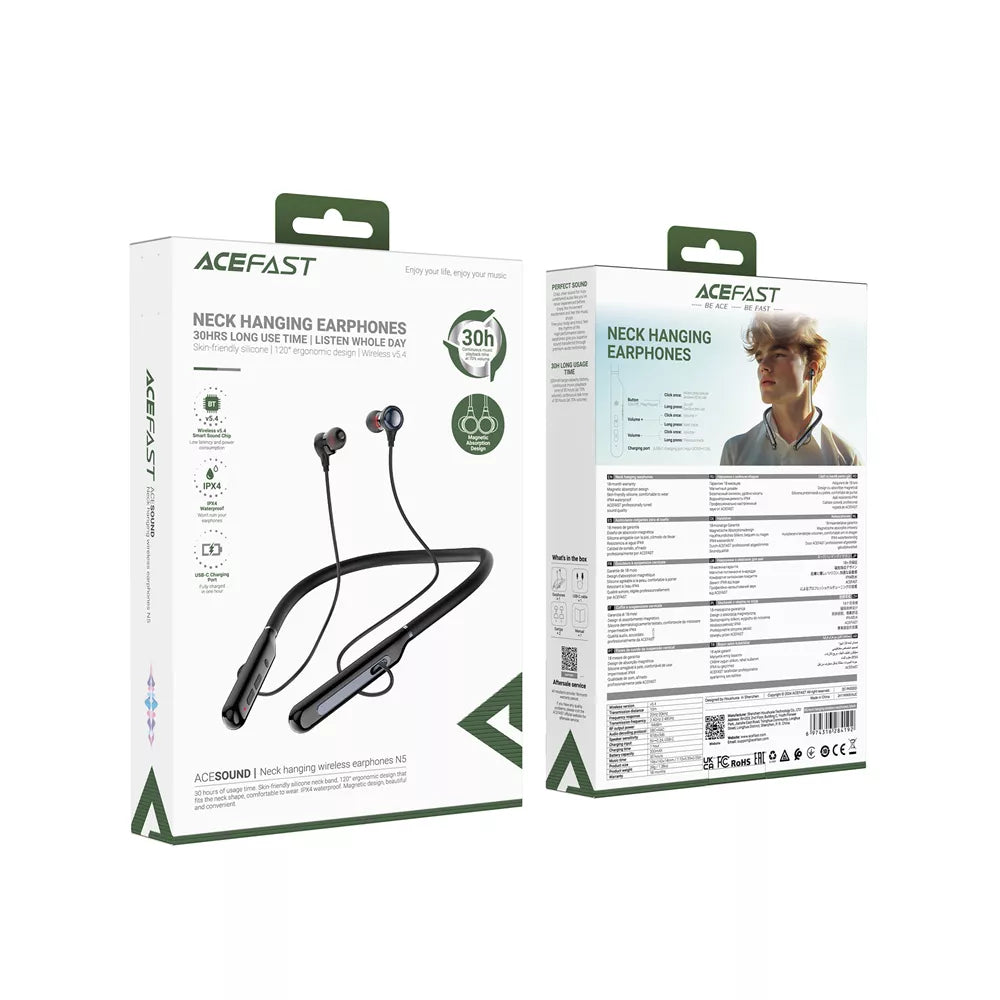 Acefast - Bluetooth Magnetic HD Earphones Silicone Neckband - Black