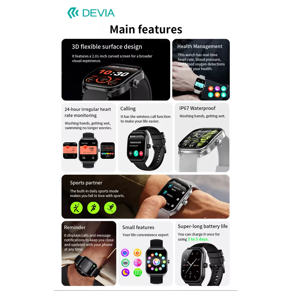 Devia - WT4 - Wireless Calling Bluetooth Waterproof SmartWatch - Black