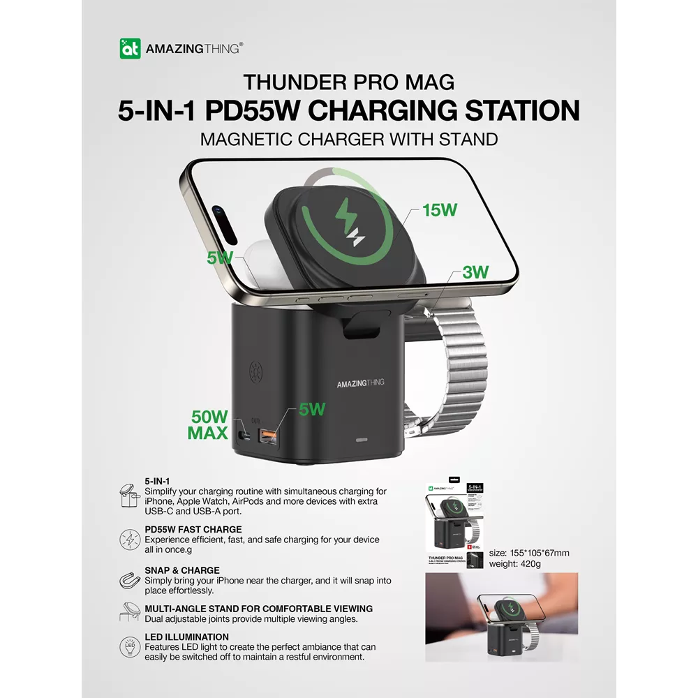 AMAZINGthing - Thunder Pro - 5-in-1 Charging MagSafe Station & Stand - Black