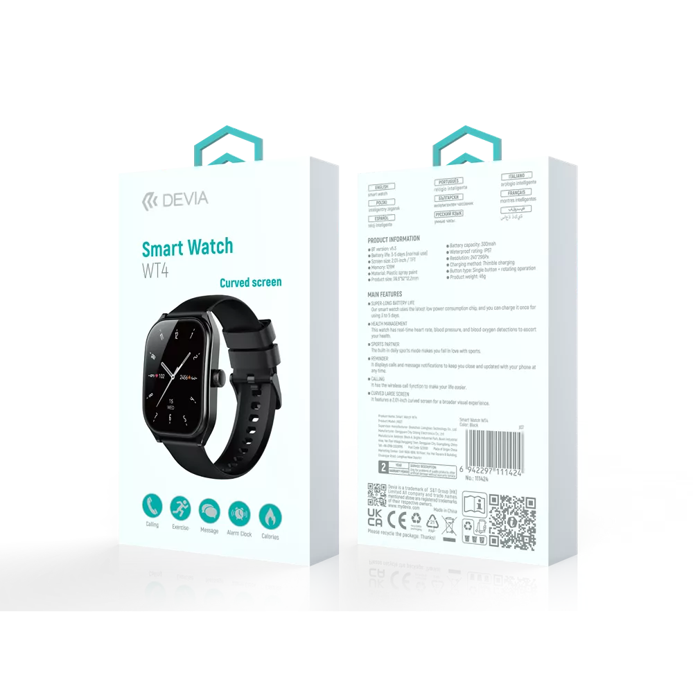 Devia - WT4 - Wireless Calling Bluetooth Waterproof SmartWatch - Black