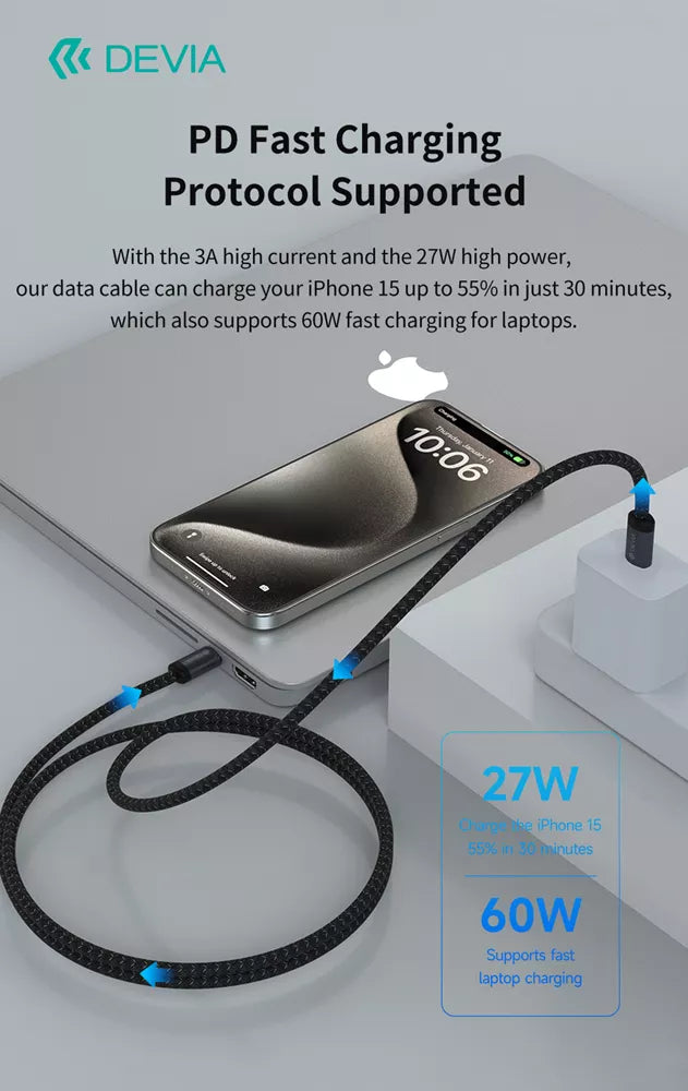 Devia - 3m (60W) Mesh Armour USB-C to USB-C Cable - Black
