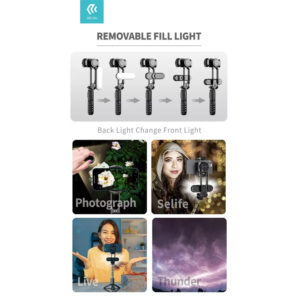 Devia - Handheld Gimbal Stabiliser Bluetooth Selfie Stick, Tripod & Light Bar - Black