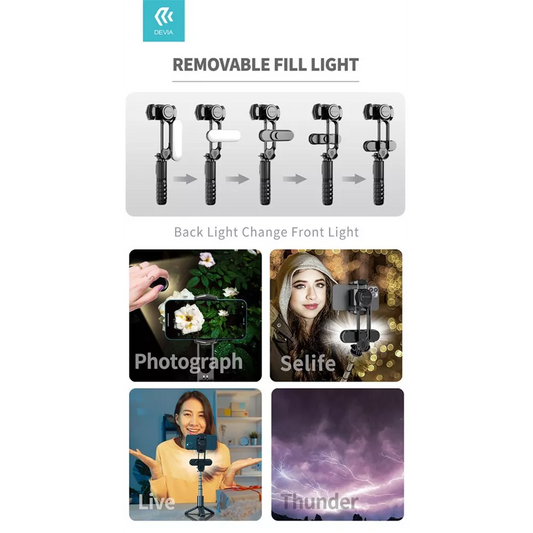 Devia - Handheld Gimbal Stabiliser Bluetooth Selfie Stick, Tripod & Light Bar - Black