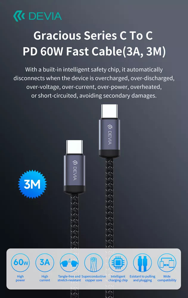 Devia - 3m (60W) Mesh Armour USB-C to USB-C Cable - Black