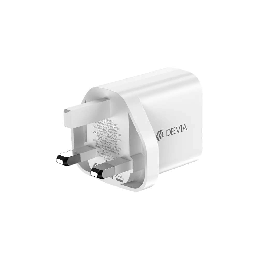 Devia - 30W GaN Dual USB-C Power Delivery & USB Qualcomm 3-Pin UK Charging Plug - White
