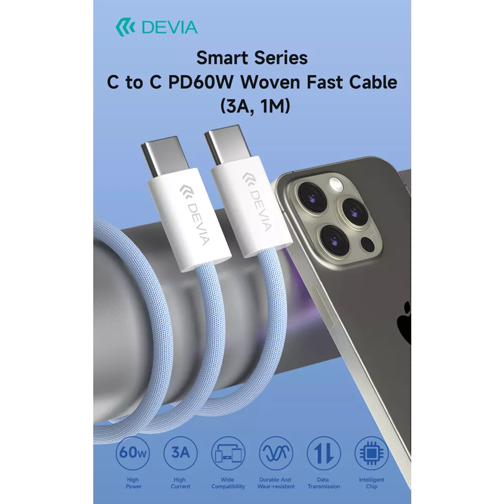 Devia - 1m (60W) Woven Braided Power Delivery - USB-C to USB-C Cable