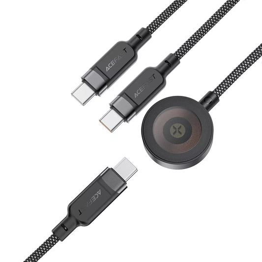 Acefast - 3 in 1 Cable - 1.2m (100W) USB-C to 2 x USB-C & Apple Watch Braided Aluminium Alloy Cable - Black