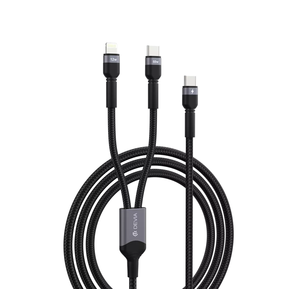 Devia - 1.2m (60W & 12W) Metal Woven Power Delivery - USB-C to USB-C & Non-MFI Lightning Cable - Black